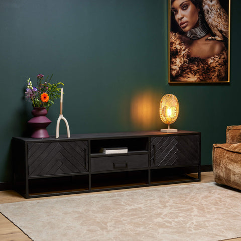 TV-meubel Java Mangohout Zwart Kast Visgraatpatroon 180 cm