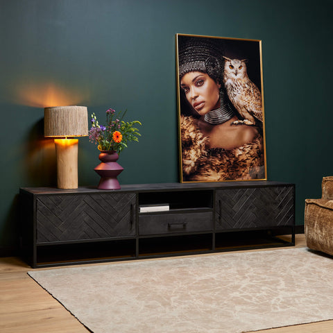 TV-meubel Java Mangohout Zwart Kast Visgraatpatroon 210 cm
